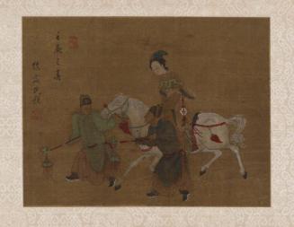 A lady on a led horse with two attendants