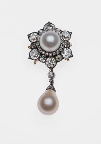 Gold, silver, pearl, and diamond brooch