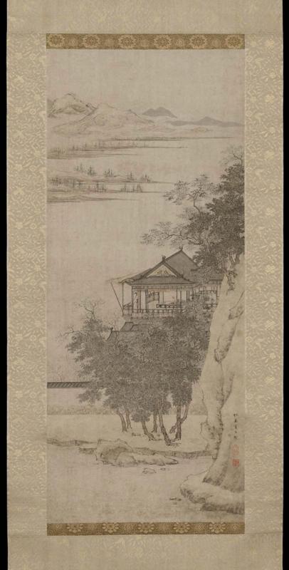 Landscape with a lady overlooking a lake
