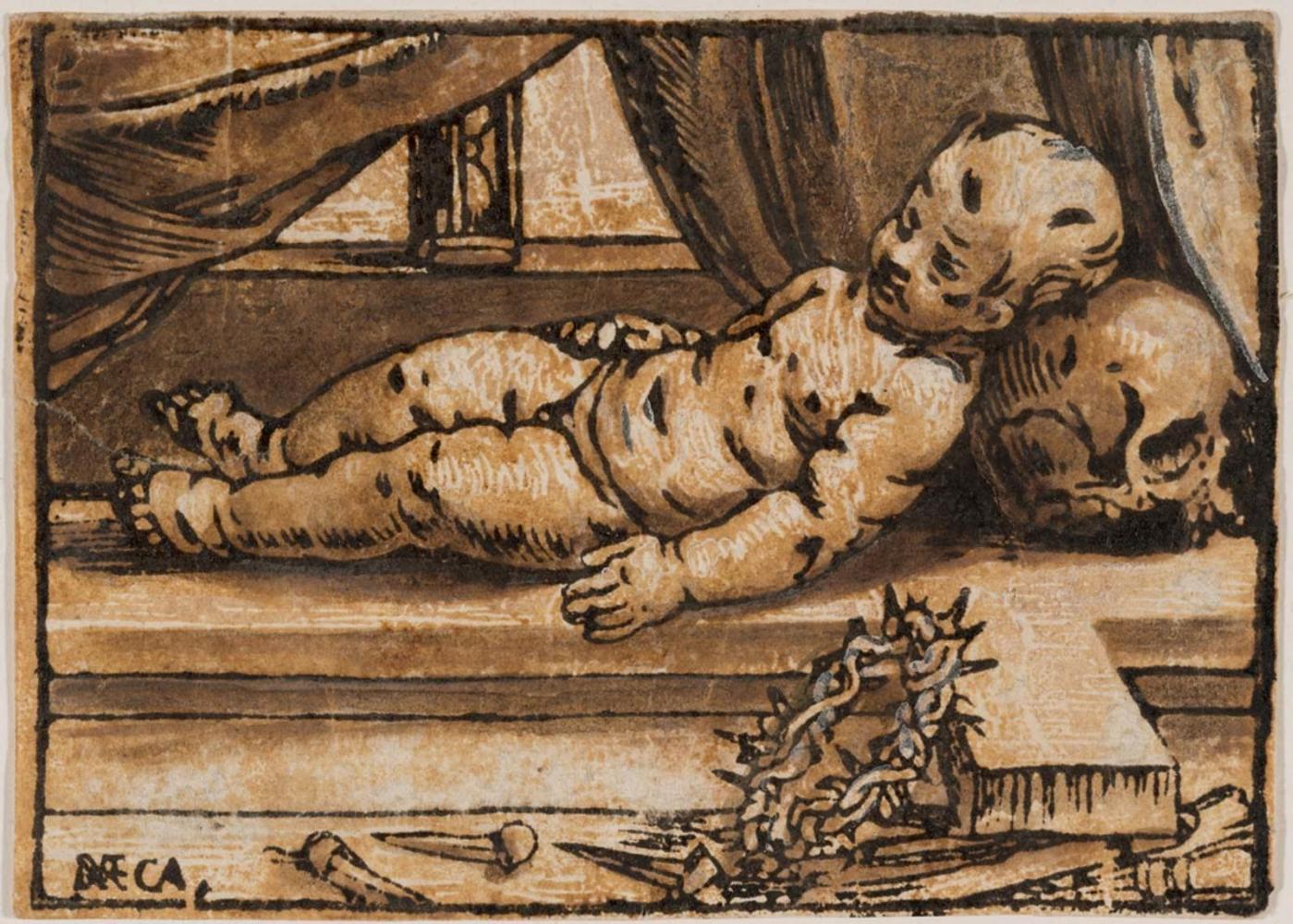 An Infant Sleeping on a Cross and Skull