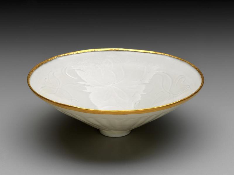 White tea bowl with lotus flower and gold rim