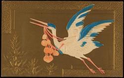 Birth announcement with stork, cherub and coins