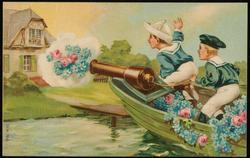 Boys in sailor suits firing cannon ball of flowers