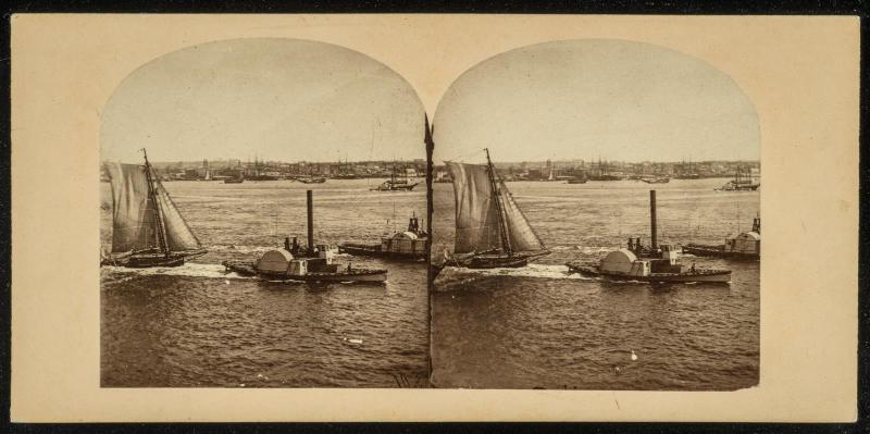 View in New York Harbor. Steamtugs and Small Sloop Under Rapid Headway