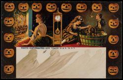 A woman by the fire, a grandfather clock and children bobbing for apples with a jack-o-lantern border.