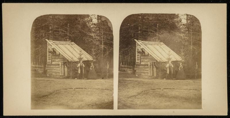 Couple Standing Before Cabin in Woods