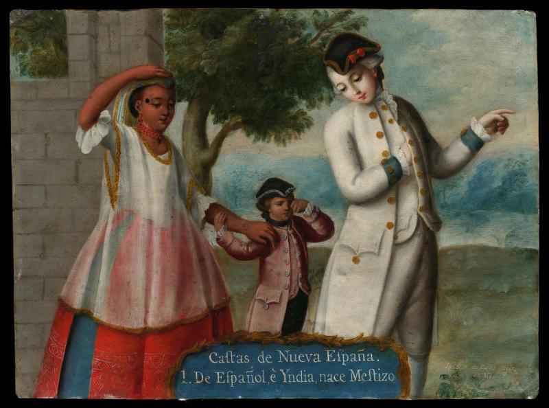 Castas de Nueva España (Castes of New Spain) / 1. De Español e Yndia, nace Mestizo (From Spaniard and Indian, a Mestizo is born)