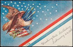 Eagle emblem against sky of blue and stars.