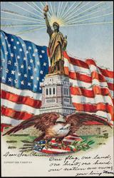 Statue of Liberty with patriotic emblems.
