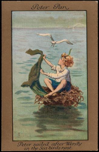 Peter Pan. 
Peter sailed after Wendy in the Sea-birds nest.