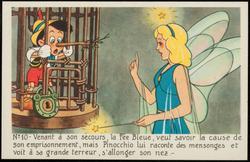 No.10 - Venant à son secours la Fèe Bleue, veut savoir la cause de son emprisonnement, mais Pinocchio lui raconte des mensonges et voit à sa grande terreur, s'allonger son nez. -