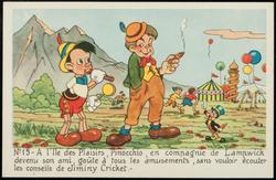 No.15 - A l'Ile des Plaisirs, Pinocchio, en compagnie de Lampwick devenu son ami, goûte à tous les amusements, sans vouloir ècouter les conseils de Jiminy Cricket. -