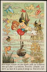 No.18 - Voulant retrouver son père Gepetto, avalé par la Baleine alors qu'il allait à sa recherche, Pinocchio s'attache une pierre au bout de la queue, et plonge au fond de la mer. -