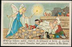 No.23 - Le radeau ayant chaviré, ils échouent à terre, à moitié noyés; Gepetto croyant Pinocchio mort, prie et implore la Fée Bleue.