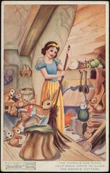 THE ANIMALS AND BIRDS HELP SNOW WHITE TO CLEAN THE DWARFS' COTTAGE.
