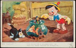 "THIS CALLS FOR A CELEBRATION!" SO THEY ALL MADE FRIENDS OF PINOCCHIO.
FROM THE WALT DISNEY FILM "PINOCCHIO"
