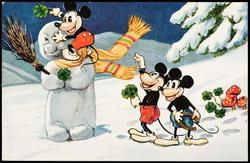 Three cartoon mice putting shamrocks on a snowman.