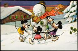 Four cartoon mice dancing around a snowman.