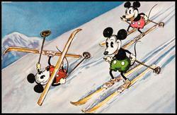 Three cartoon mice on skis.