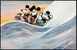 Three cartoon mice on a sled.