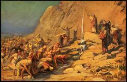 Bild IX: Moses schlägt Wasser aus dem Felsen.
II. Moses 17, 6.