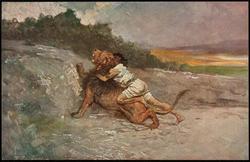 Picture X. Samson kills a lion. 
Judges XIV, 6.