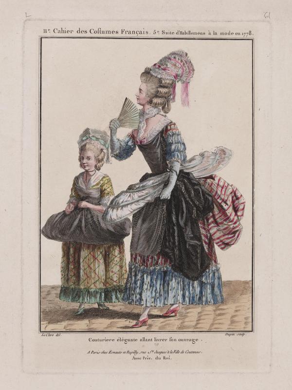 Gallerie des Modes et Costumes Français. 11e. Cahier des Costumes Français. 5e Suite d'Habillemens à la mode en 1778.  L.61  "Couturiere élégante allant livrer son ouvrage."