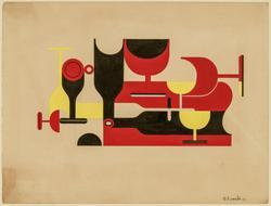 Glasses and Bottles, a Composition in Red, Yellow, and Black