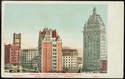 NEWSPAPER CORNERS, SAN FRANCISCO, CALIFORNIA.
CHRONICLE, MUTUAL BANK BUILDING, EXAMINER, CALL