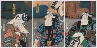 Flowers of Edo in Full Bloom (Edo no hana hikari zensei): Actors Kawarazaki Gonjûrô I (R), Ichimura Uzaemon XIII (C), and Sawamura Tanosuke III (L)