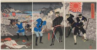 Our Troops Occupy the Fortress at Huangjinshan in the Battle of Lüshunkou [=the Battle of Port Arthur] (Wagahei Ryojunkô Ôgonzan hôrui senryô)