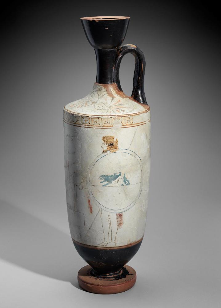 Oil flask (lekythos) with a man with shield and helmet at a grave