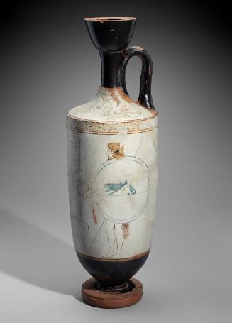 Oil flask (lekythos) with a man with shield and helmet at a grave