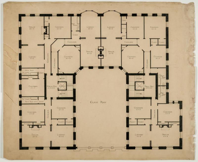 Floor plan for third or top floor of a hotel
