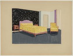 Interior decoration study for a bedroom with a purple headboard and yellow bedspread