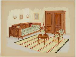 Interior decoration study for a traditional living room with yellow and red check  rug