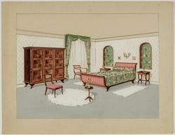 Interior decoration study for a bedroom in pink and green with trellis wallpaper