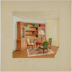 Interior decoration study for a living area with large wooden bookcase