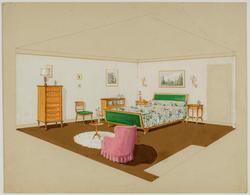Interior decoration study for a bedroom with a pink armchair