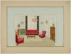 Interior decoration study for a living room viewed through a doorway