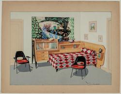 Interior decoration study for a daybed with bookcase
