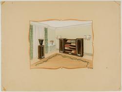 Interior decoration study for a room with a bookcase and pedestal