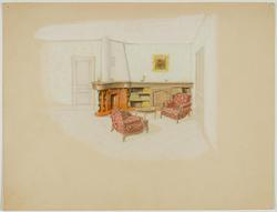 Interior decoration study for a living room with two armchairs and a brick fireplace
