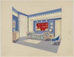 Interior decoration study for a blue bedroom