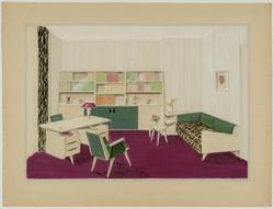 Interior decoration study for an office with desk and bookcase