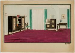 Interior decoration study for a living room with a mauve carpet