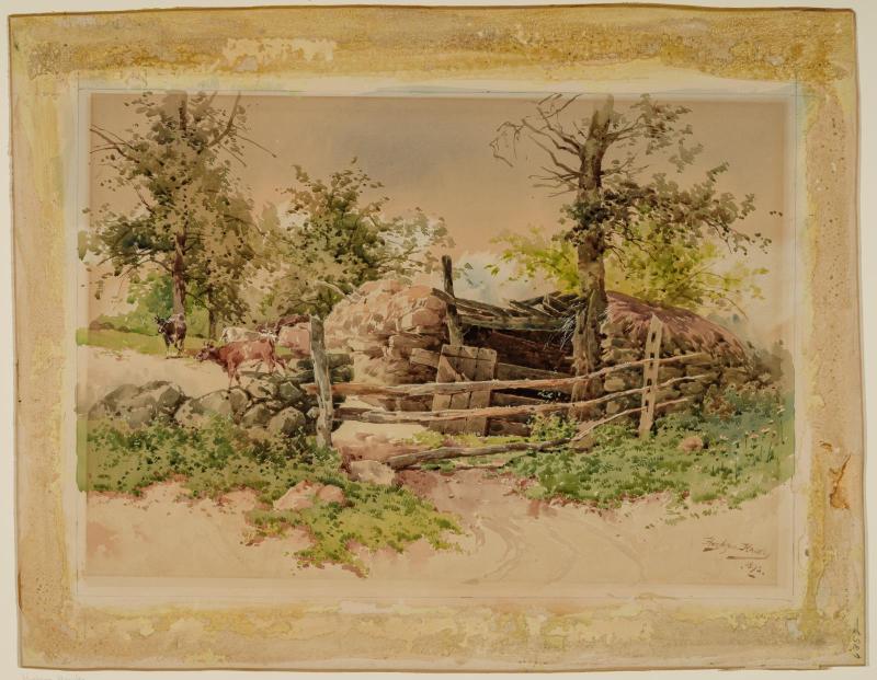View of rustic cattle shed and cows in landscape