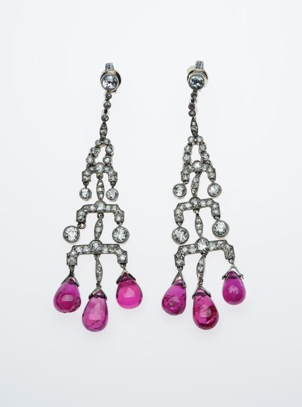 Pair of platinum and ruby girandole earrings