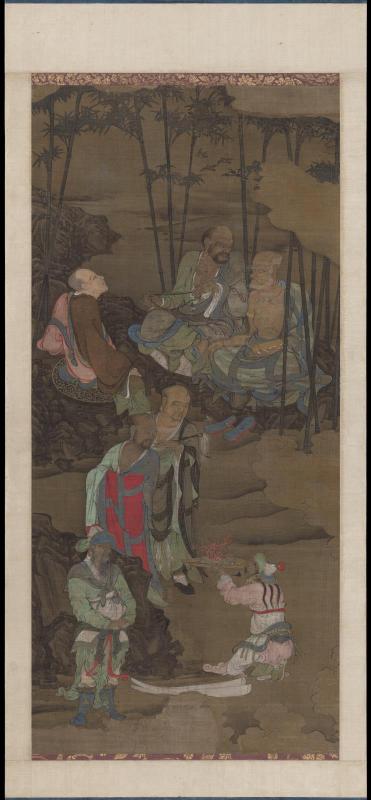 Luohans in a bamboo grove receiving offerings