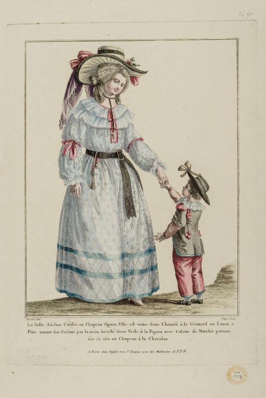 "La belle Adeline Coeffée en Chapeau Figaro. Elle est vetue d'une Chemise à la Guimard en Linon a Pois tenant son Enfant par la main habillé d'une Veste à la Figaro avec Culotte de Matelot portant sur sa tête un Chapeau à la Cherubin."
